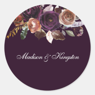 Purple Plum Peach Burgundy Flowers Wedding Name Classic Round Sticker