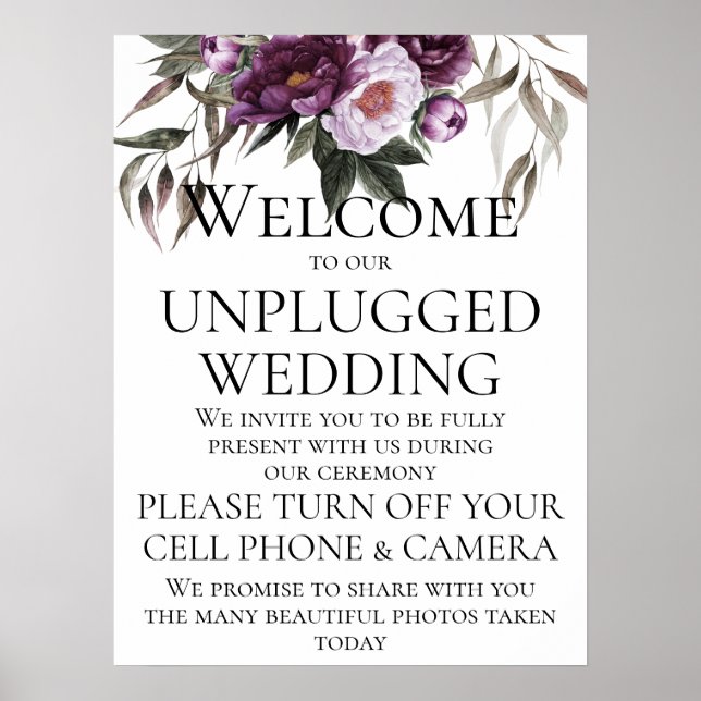 Purple Plum Peonies Unplugged Wedding Ceremony Poster (Front)