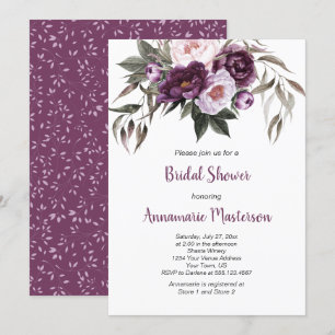 Purple Plum Pink Peonies Greenery Bridal Shower Invitation