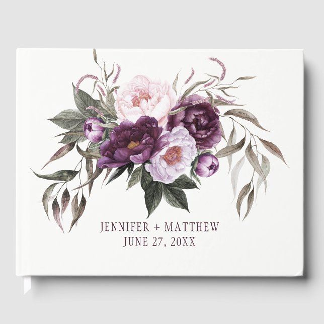 Purple Plum Pink Peonies Greenery Wedding Guest Book (Front)