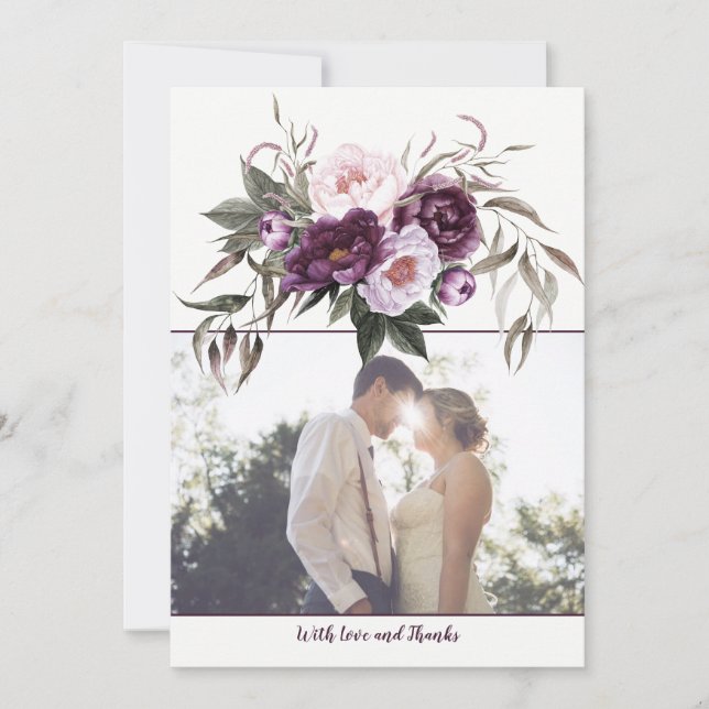 Purple Plum Pink Peonies Photo Thank You Cards (Front)