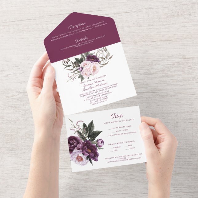 Purple Plum Pink Peonies Wedding All In One Invitation (Tearaway)