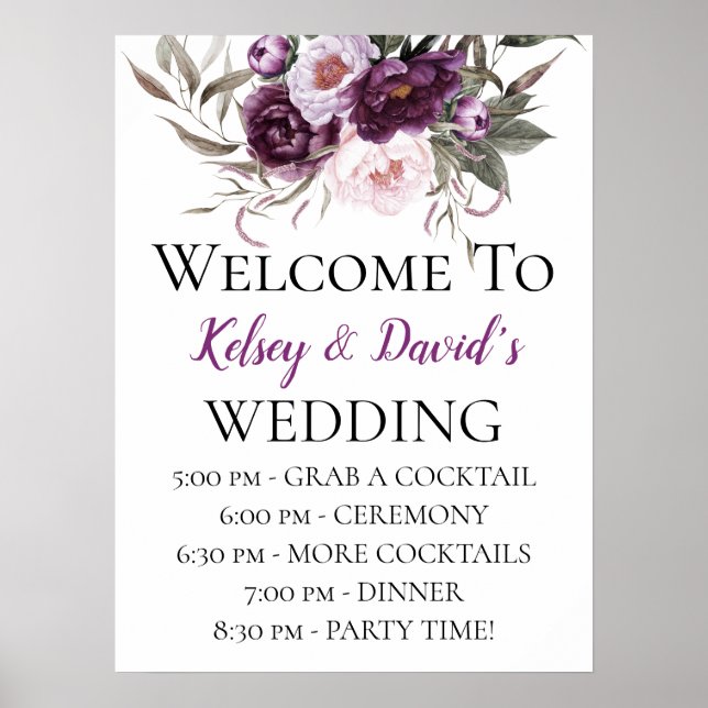 Purple Plum Pink Peonies Wedding Details Welcome Poster (Front)