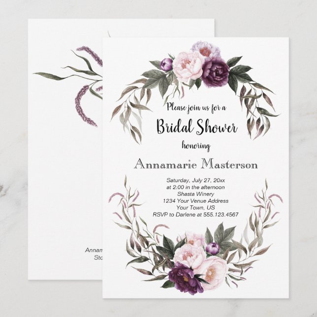 Purple Plum Pink Peonies Wreath Bridal Shower Invitation (Front/Back)