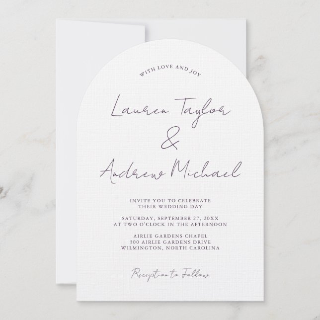 Purple Plum Romantic Modern Arch Wedding Invitation (Front)