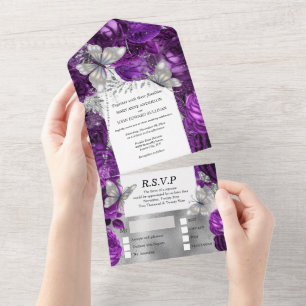 Purple plum silver butterfly shimmer glitter rose all in one invitation