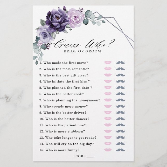 Purple Plum Silver Floral Bloom Bridal Shower Game (Front)