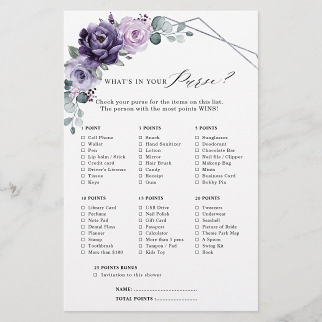 Purple Plum Silver Floral Bloom Bridal Shower Game (Front)