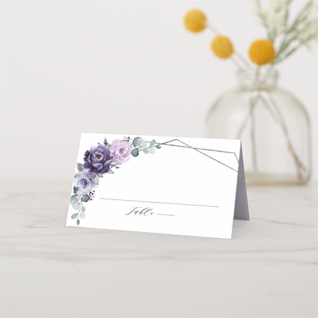Purple Plum Silver Floral Blooms Geometric Wedding Place Card (Front)