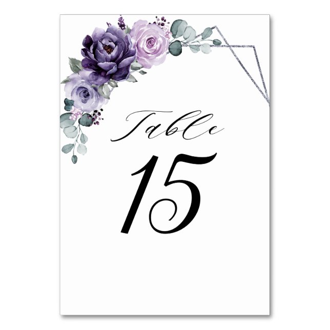 Purple Plum Silver Floral Blooms Geometric Wedding Table Number (Front)