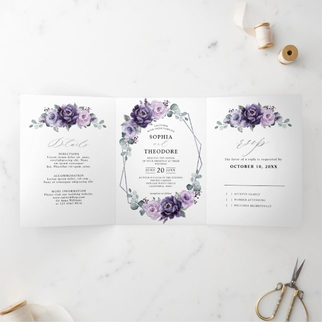 Purple Plum Silver Floral Blooms Geometric Wedding Tri-Fold Announcement (Inside)