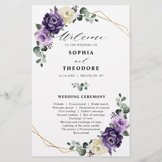 Purple Plum Silver Floral Blooms Wedding Program (Front)
