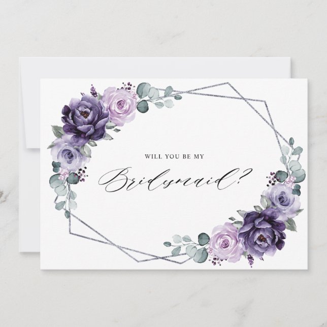 Purple Plum Silver Floral Bridesmaid Proposal Invitation (Front)