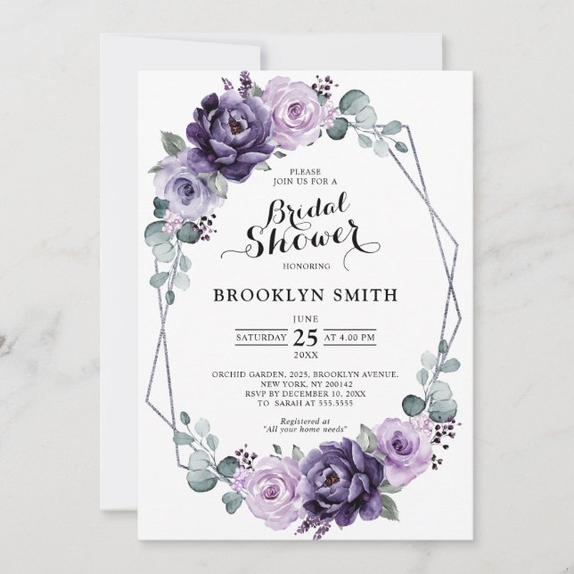 Purple Plum Silver Floral Geometric Bridal Shower Invitation (Front)