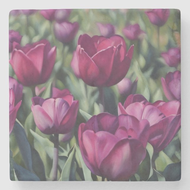 Purple Plum Tulip Garden Flower Art Marble Stone Coaster (Front)