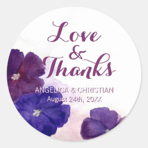 Purple Plum Violet Floral Wedding Love & Thanks Classic Round Sticker