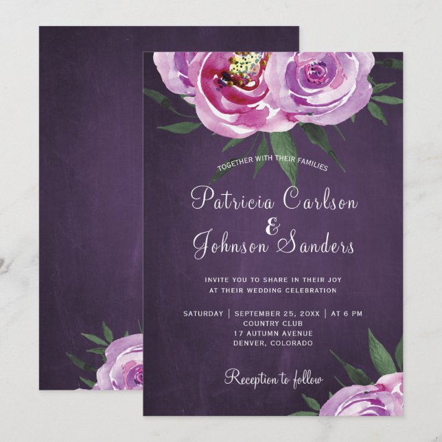 Purple plum watercolor peonies rustic fall wedding invitation (Front/Back)