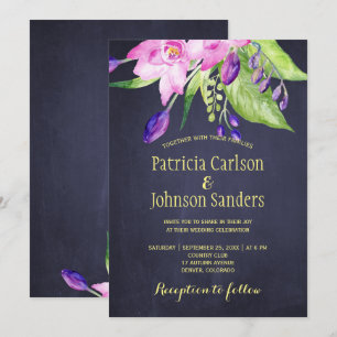 Purple plum watercolor summer floral wedding invitation