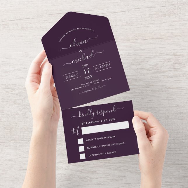 Purple Plum Wedding Modern Typography RSVP All In One Invitation (Tearaway)