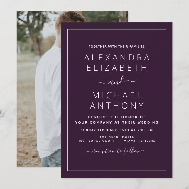Purple Plum Wedding with Photo Invitation (Front/Back)