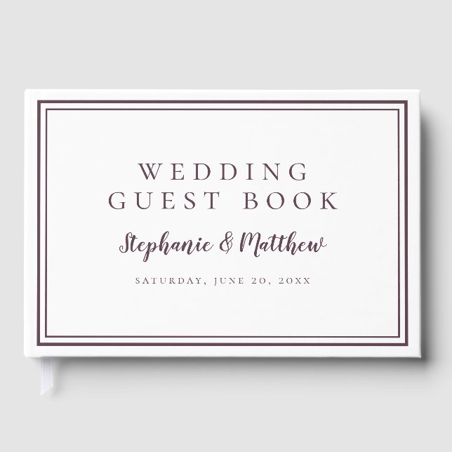 Purple Plum & White Chic Simple Minimalist Wedding Guest Book (Front)