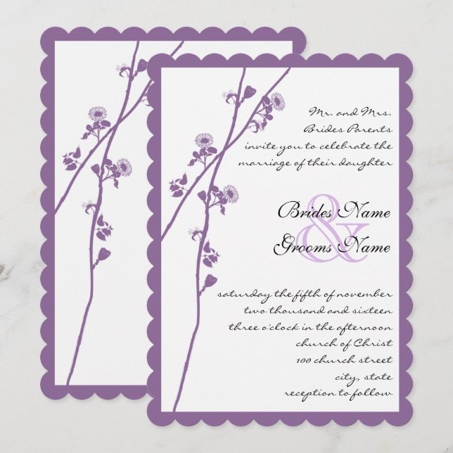 Purple Plum Wild Flower Branch Wedding Invites (Front/Back)