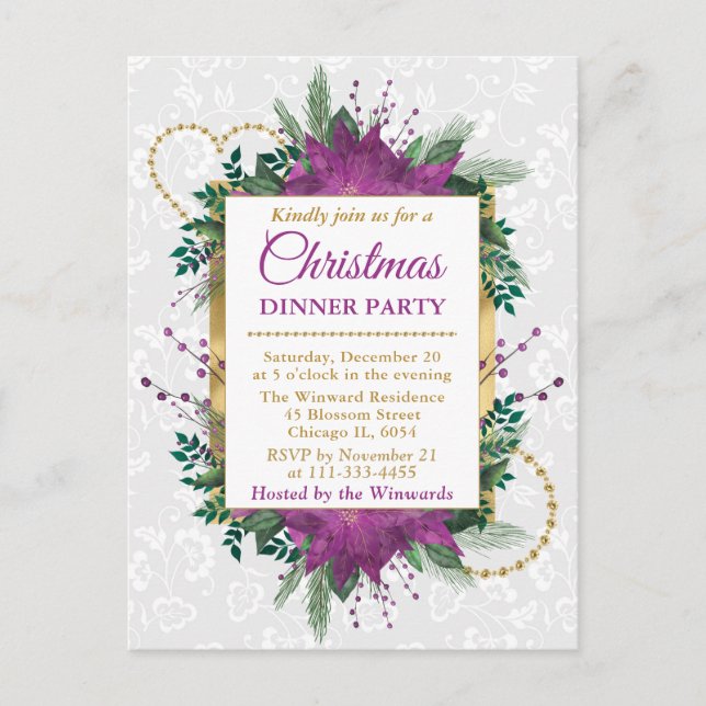 Purple Poinsettia Christmas Dinner Party Postcard (Front)