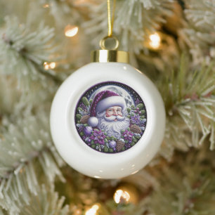 Purple Poinsettia Santa  Enchanting Christmas  Ceramic Ball Christmas Ornament