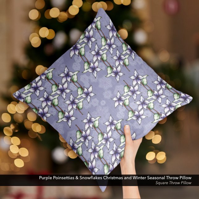 Purple Poinsettias & Snowflakes Christmas Winter Cushion (Purple Poinsettias & Snowflakes Christmas and Winter Season Throw Pillow)