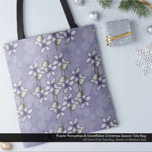 Purple Poinsettias & Snowflakes Christmas Winter Tote Bag (Purple Poinsettias & Snowflakes Tote Bag for Christmas and the Winter Season.)