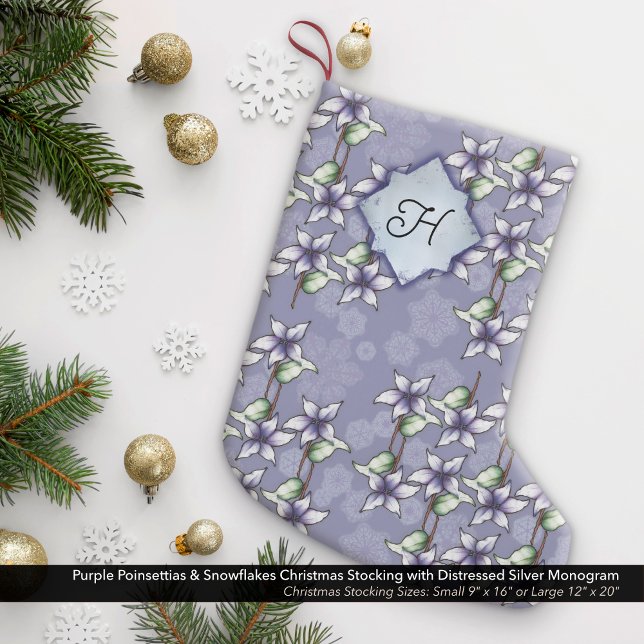 Purple Poinsettias & Snowflakes Silver Monogram Small Christmas Stocking (Purple Poinsettias & Snowflakes Christmas Stocking with Distressed Silver Monogram)