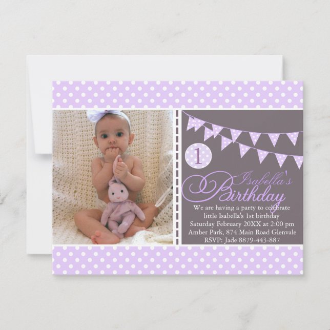 Purple Polka Dot Bunting First Birthday Invite (Front)
