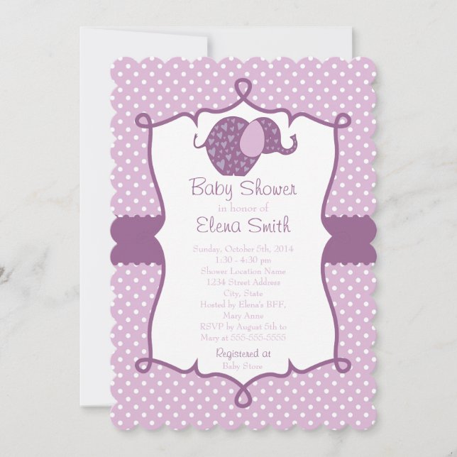 Purple Polka Dot Elephant Baby Shower Invitation (Front)