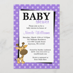 Purple Polka Dot Giraffe Baby Shower Invitations