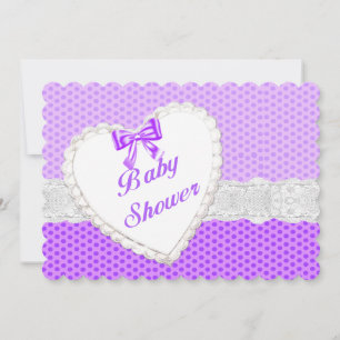 Purple Polka Dot Lace Heart Baby Shower Invitation
