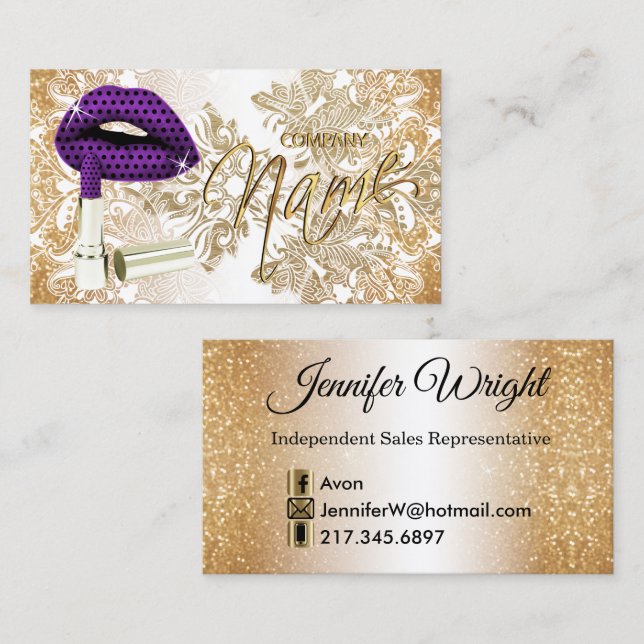 Purple Polka Dot Lips & Gold Business Card (Front/Back)