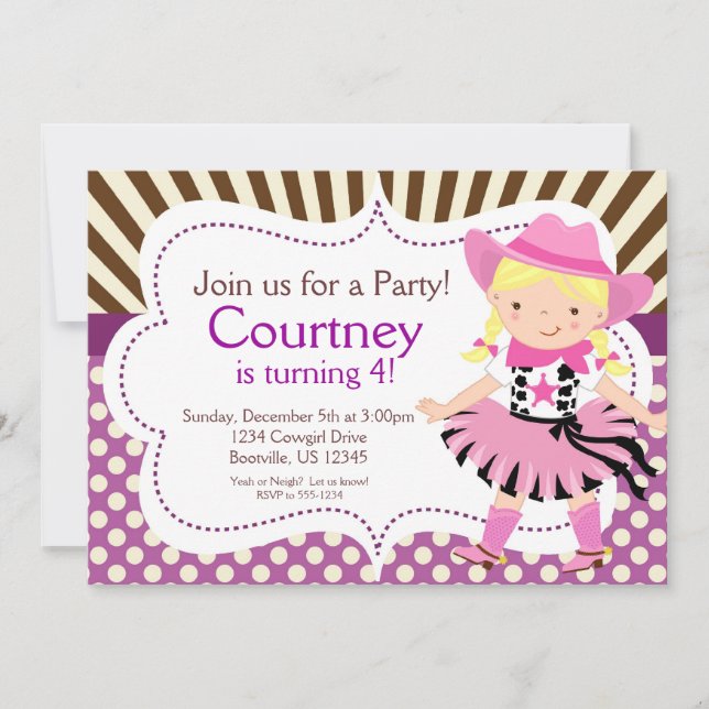 Purple Polka Dot Little Cowgirl Birthday Party Invitation (Front)
