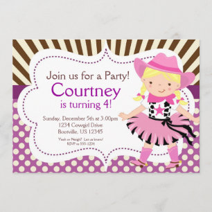 Purple Polka Dot Little Cowgirl Birthday Party Invitation