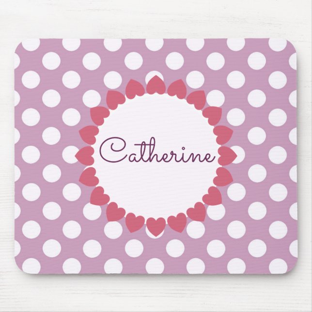 Purple Polka Dot Name in Hearts Cute Mouse Mat (Front)