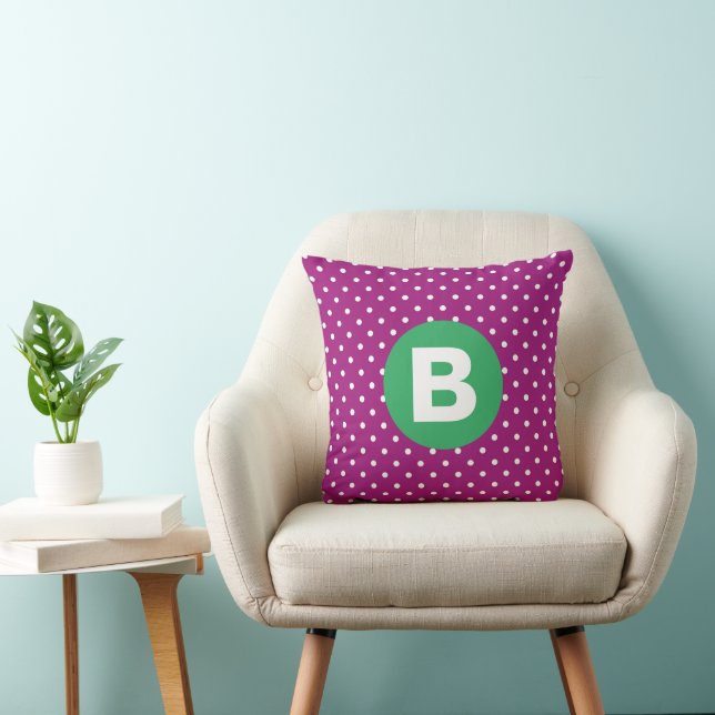 Purple Polka Dot Pattern Green Monogram Cushion (Chair)