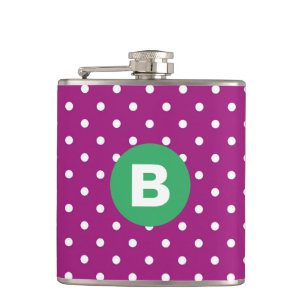 Purple Polka Dot Pattern Green Monogram Hip Flask