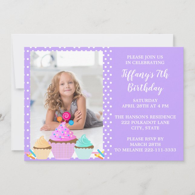 Purple Polka Dot Photo Birthday Invitation (Front)