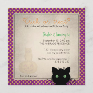 Purple Polka Dot Trick Treat Halloween Birthday Invitation