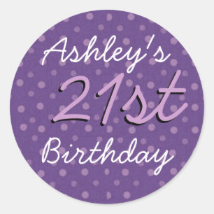 Purple Polka Dots 21st Birthday Custom Name Classic Round Sticker
