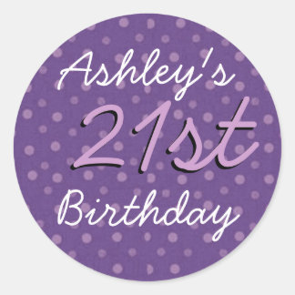 Purple Polka Dots 21st Birthday Custom Name Classic Round Sticker