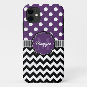 Purple Polka Dots Black Chevron Monogram iPhone 11 Case