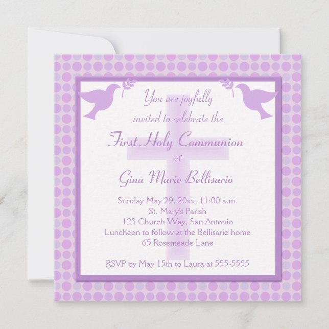 Purple Polka Dots First Holy Communion Invitation (Front)