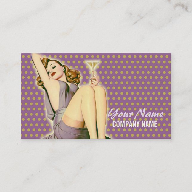 purple polka dots martini rockabilly pin up girl business card (Front)