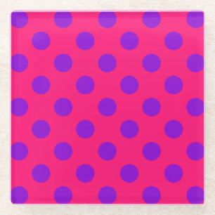 Purple polka dots on cerise glass coaster