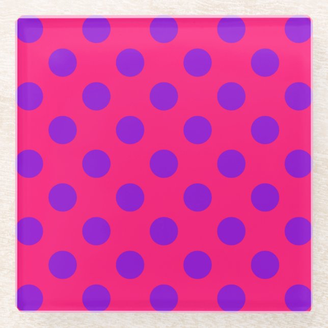 Purple polka dots on cerise glass coaster (Front)